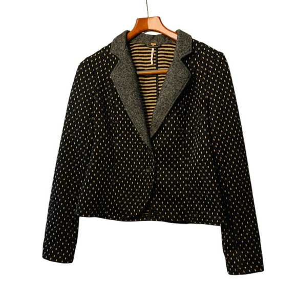 Free People women fitted black tan combo diamond tweed blazer classic jacket M - Picture 6 of 7